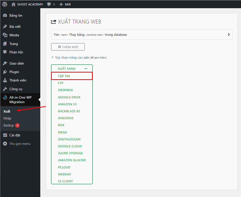 Hướng dẫn sử dụng Plugin All In One WP Migration