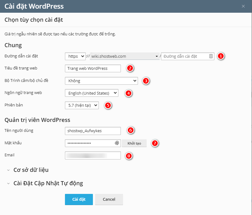 Bảng cài đặt WordPress.