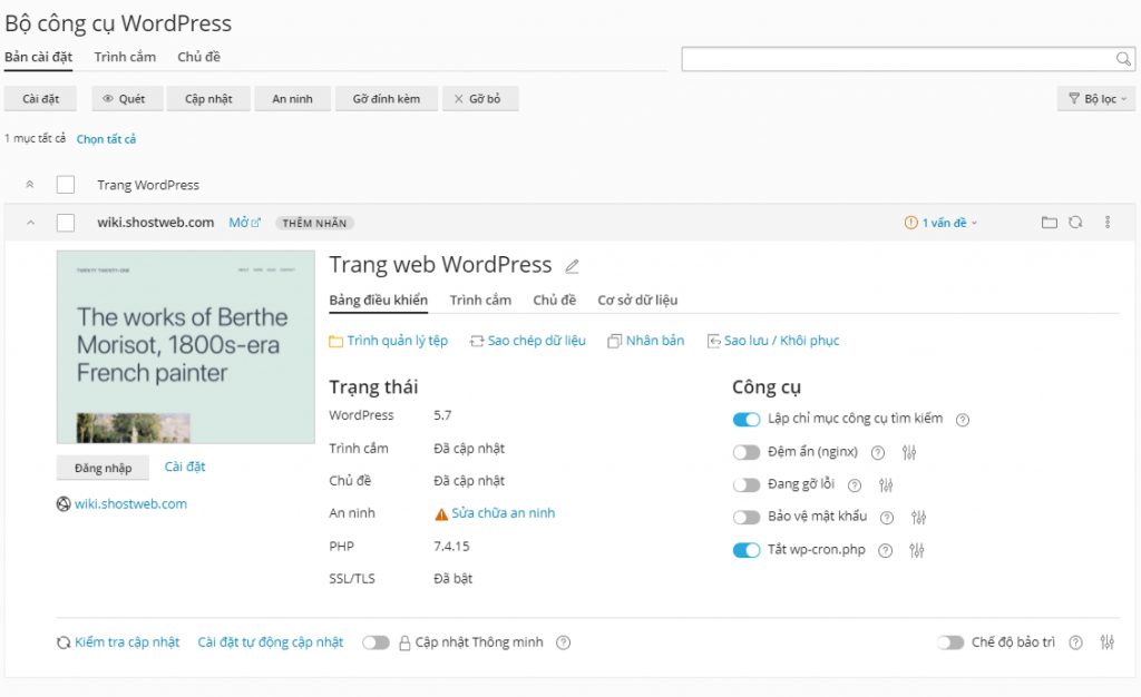 Thông tin sau khi cài đặt xong WordPress mặc định.