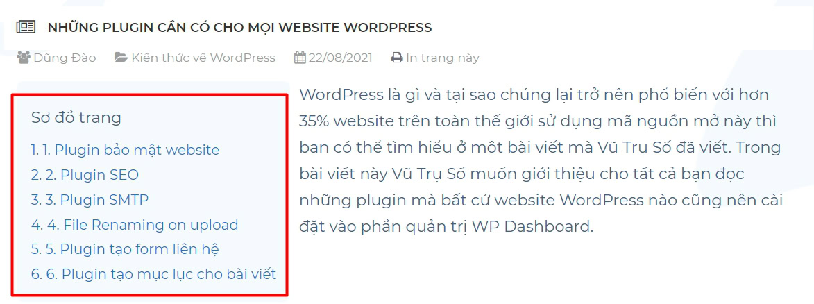 Ví dụ về việc tạo mục lục trong bài viết