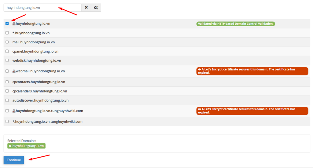 Bước 3: Chọn tên miền để cài đặt SSL