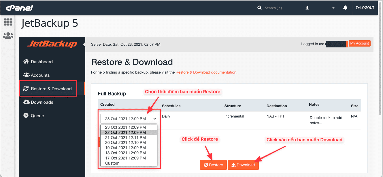 Chọn thời điểm backup cần restore trong JetBackup 5 trên cPanel