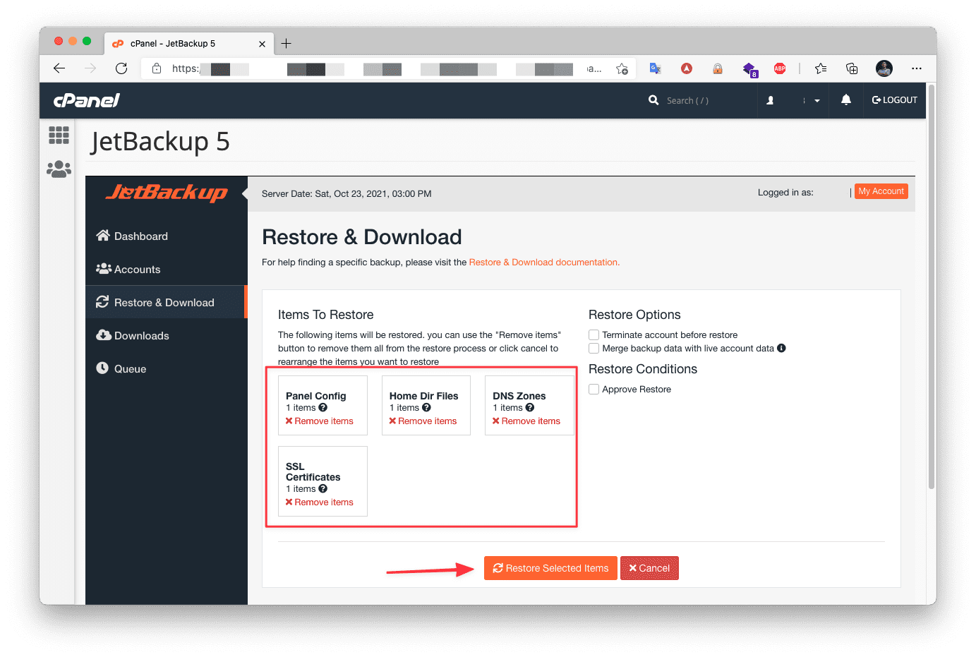Màn hình xác nhận các mục cần restore trong JetBackup 5