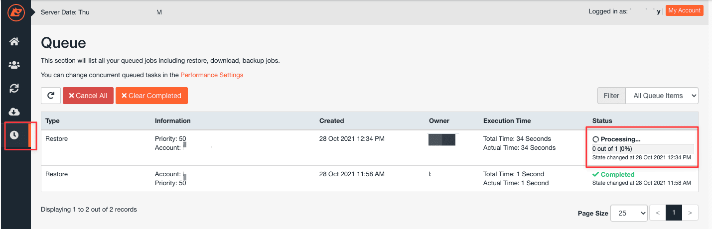 Kiểm tra trạng thái restore trong Queue của JetBackup 5
