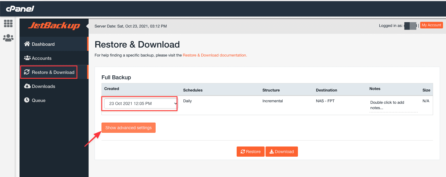 Mở Show advanced settings trong JetBackup 5 để restore file riêng lẻ