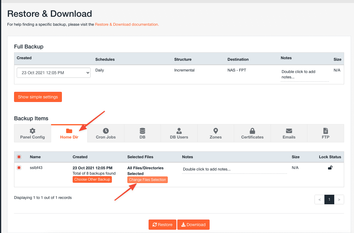 Chọn tab Home Dir và Change Files Selection trong JetBackup 5