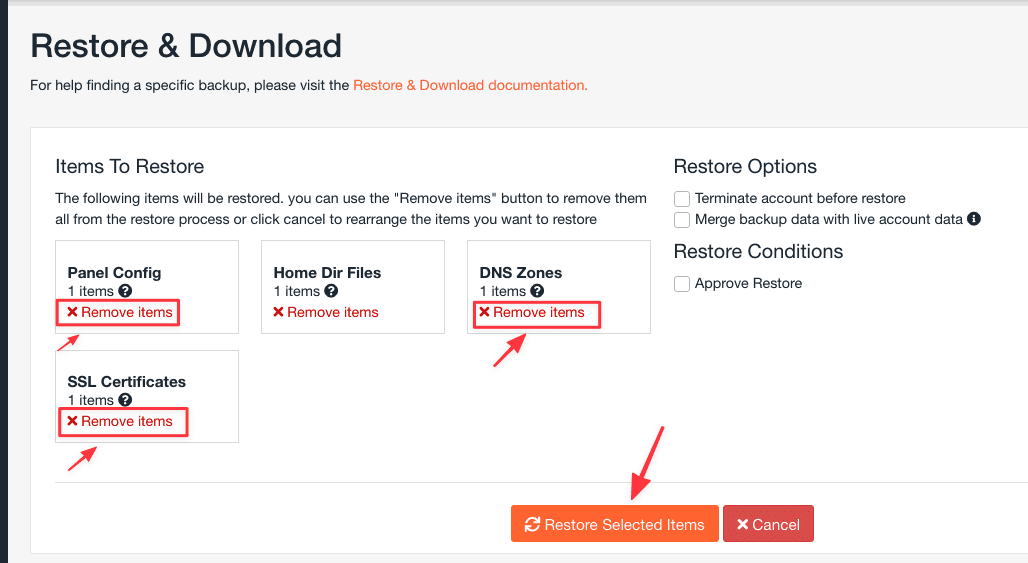 Chọn Restore Selected Items sau khi giữ lại Home Dir Files trong JetBackup 5