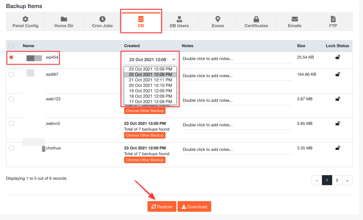 Chọn tab DB để restore database trong JetBackup 5 trên cPanel