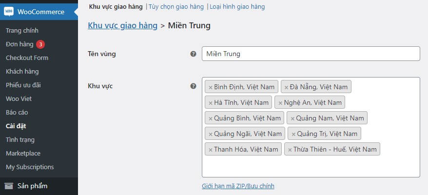 Chọn tỉnh thành để tạo khu vực giao hàng Miền Trung WooCommerce