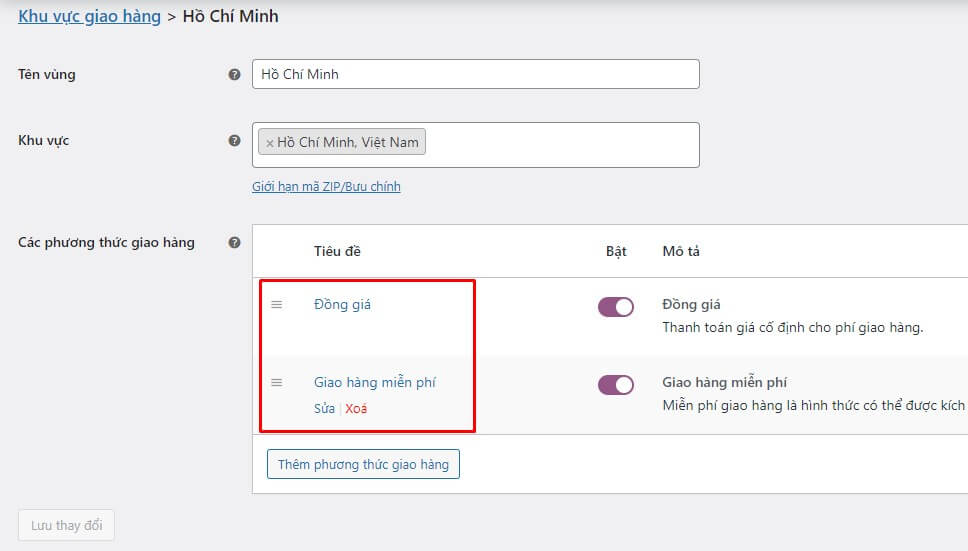 Ví dụ cấu hình nhiều phương thức giao hàng cho một khu vực WooCommerce