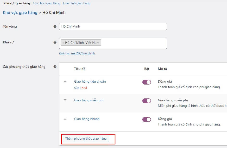 Ví dụ tạo nhiều mức đồng giá giao hàng tiêu chuẩn và nhanh trong WooCommerce