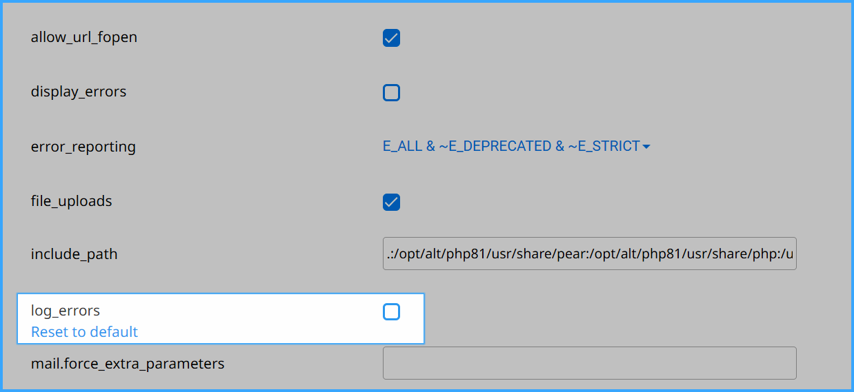 Bỏ chọn ô log_errors trong tab Options của cPanel để tắt Error Log