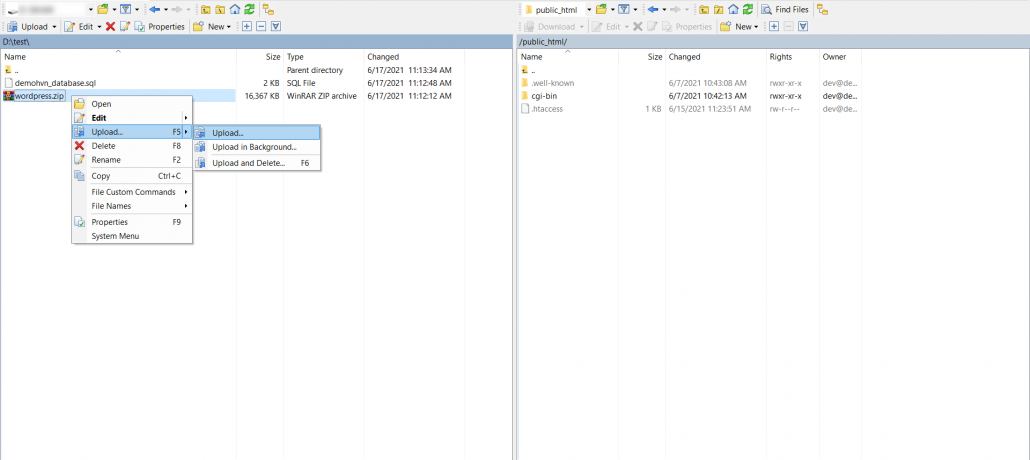 Giao diện kết nối hosting qua phần mềm FTP WinSCP