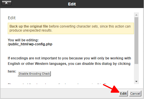 Xác nhận mở file wp-config.php để chỉnh sửa thông tin database