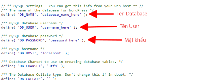Khai báo thông tin database trong file wp-config.php trên hosting cPanel