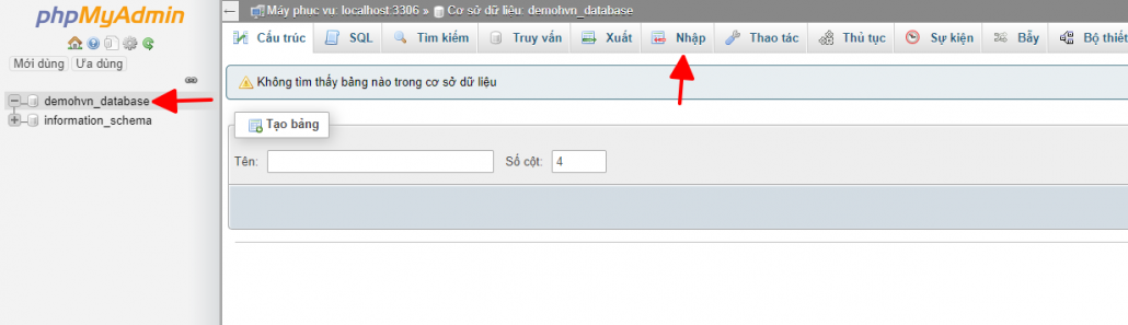 Chọn tab Nhập trong phpMyAdmin để bắt đầu import database