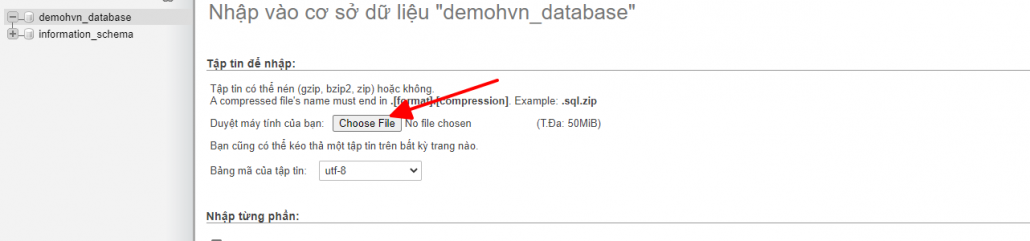 Chọn file database .sql để import lên hosting cPanel
