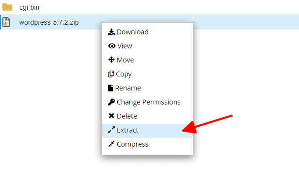 Nhấn chuột phải vào file .zip và chọn Extract để giải nén trong cPanel