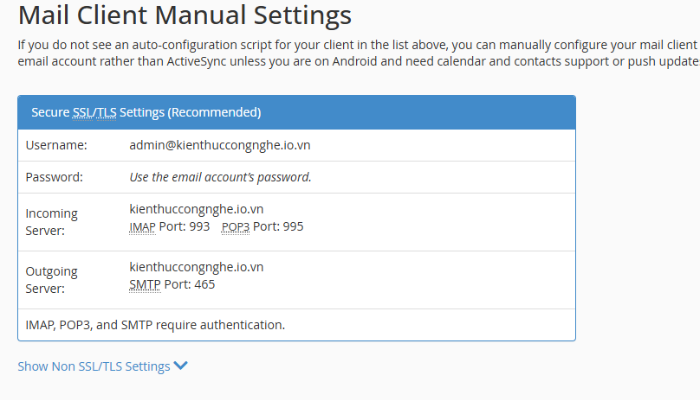Thông tin SMTP Host, Port và Username trong Mail Client Manual Settings