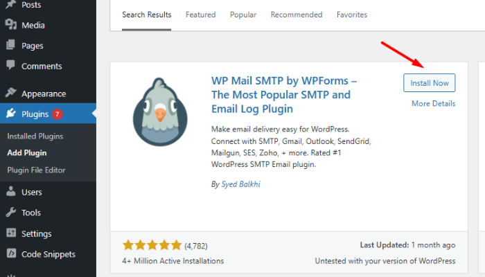 Cài đặt plugin WP Mail SMTP từ kho plugin WordPress