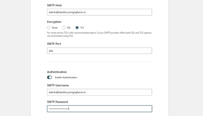 Nhập thông số SMTP Host, Port, Username và mật khẩu trong WP Mail SMTP
