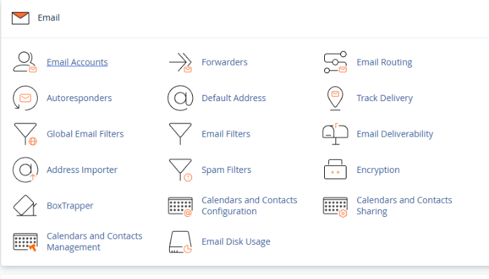 Truy cập mục Email Accounts trong cPanel để quản lý tài khoản email